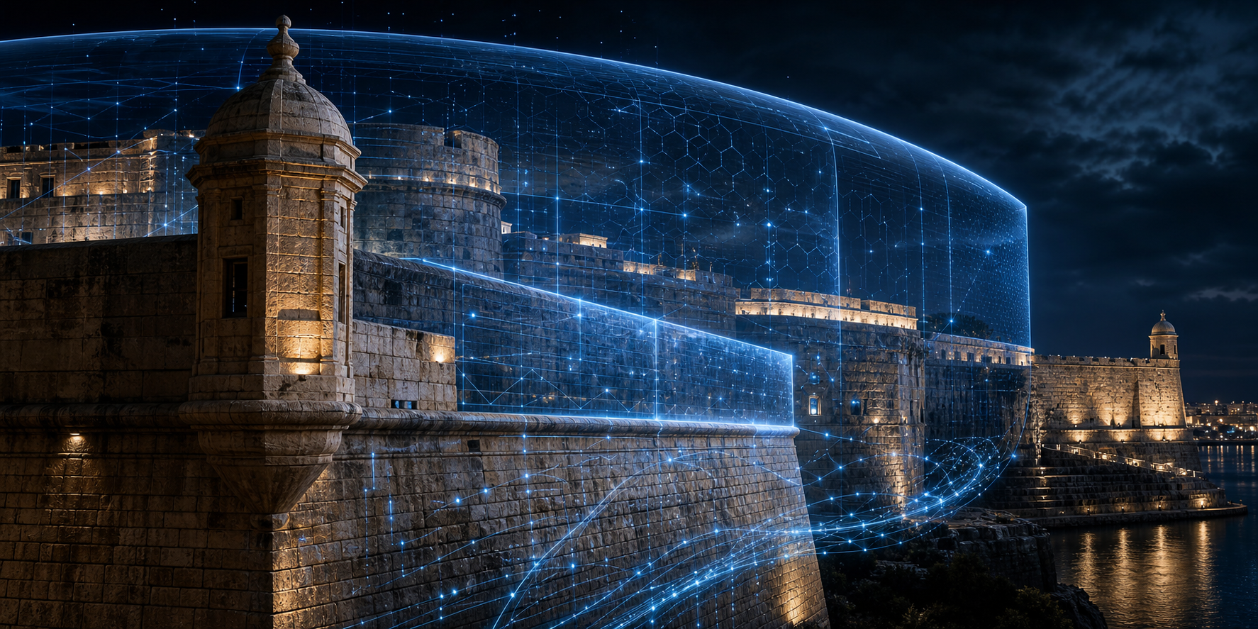 Valletta bastions with encrypted shield and threat grid