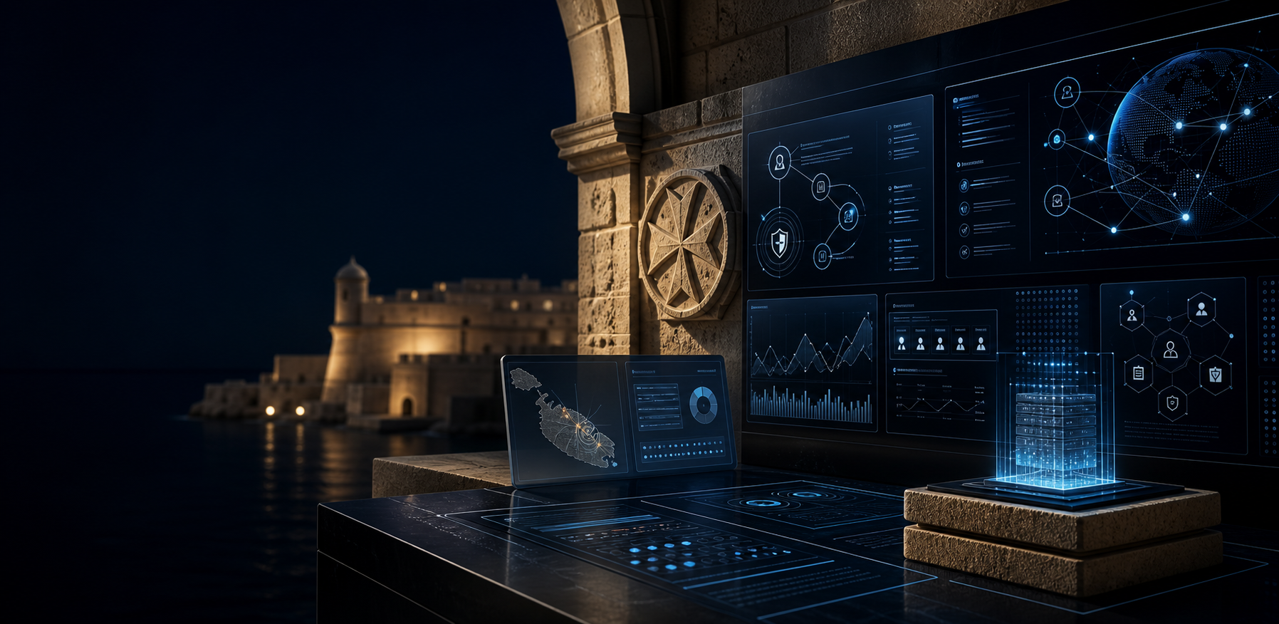 Gaming law Malta visual with control room and regulatory architecture