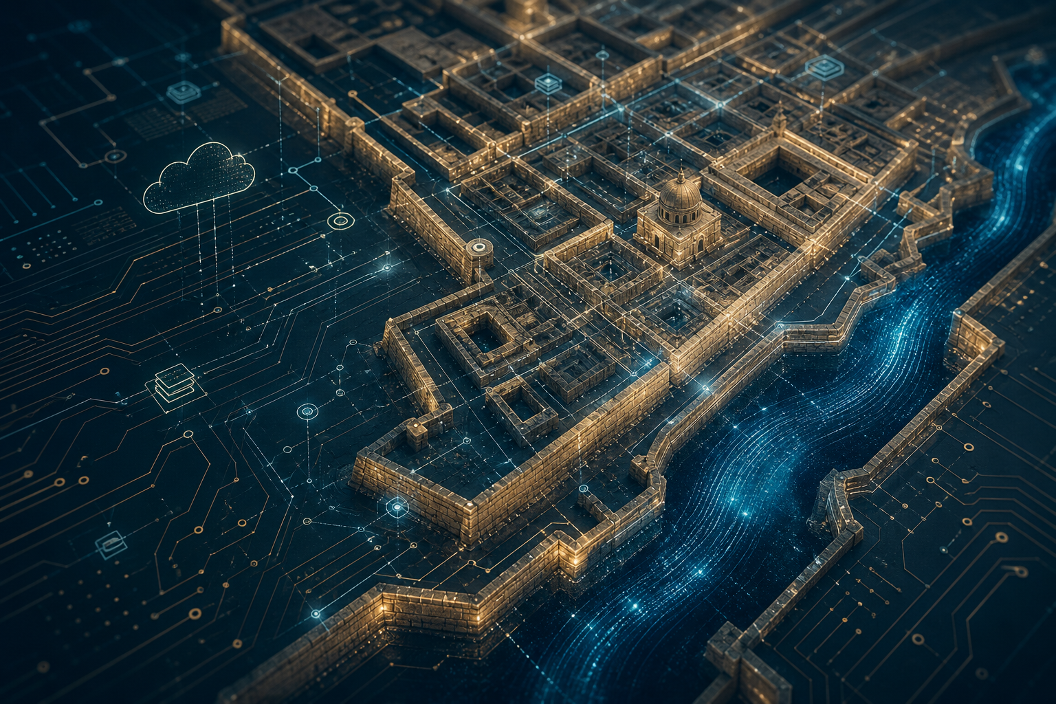 Valletta street grid with circuit board and data flows